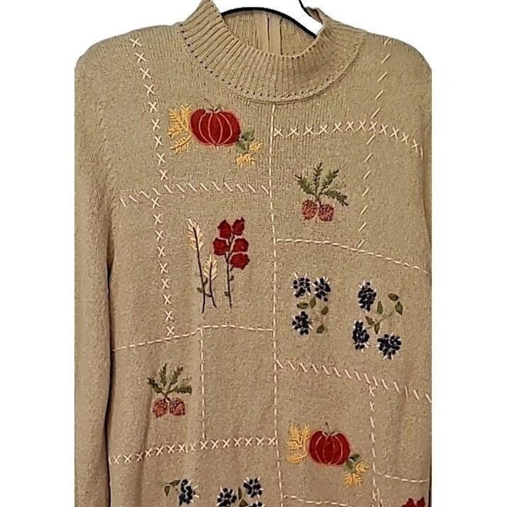 Vtg Alfred Dunner Womens Embroidered Mock Neck Sweater S Fall Pumpkins Autumn